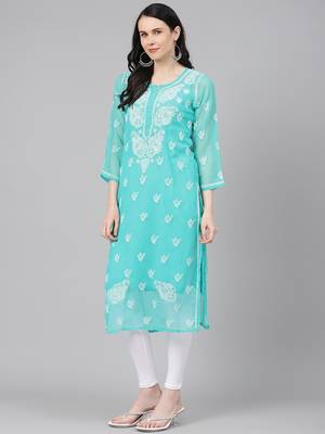 Hand embroidered sea green georgette lucknowi chikankari straight kurta with slip 3