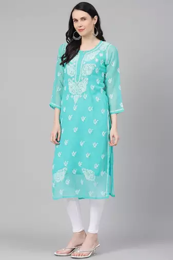 Hand embroidered sea green georgette lucknowi chikankari straight kurta with slip