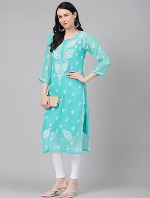 Hand embroidered sea green georgette lucknowi chikankari straight kurta with slip 4
