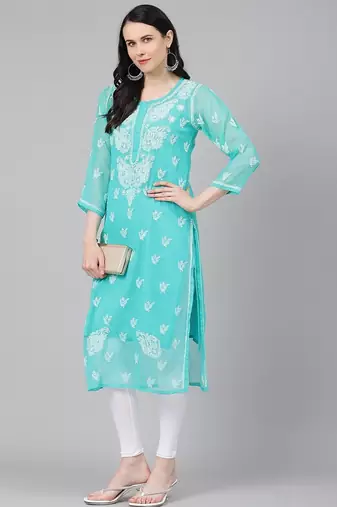 Hand embroidered sea green georgette lucknowi chikankari straight kurta with slip