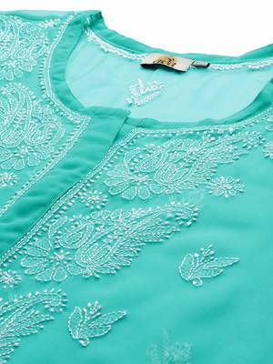 Hand embroidered sea green georgette lucknowi chikankari straight kurta with slip 5