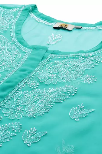 Hand embroidered sea green georgette lucknowi chikankari straight kurta with slip