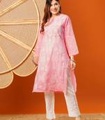 Hand embroidered pink cotton lucknowi chikankari straight kurta