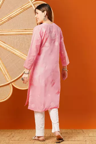 Hand embroidered pink cotton lucknowi chikankari straight kurta
