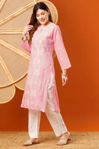 Hand embroidered pink cotton lucknowi chikankari straight kurta