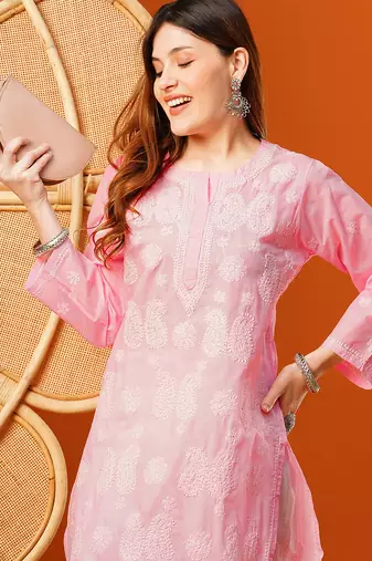Hand embroidered pink cotton lucknowi chikankari straight kurta