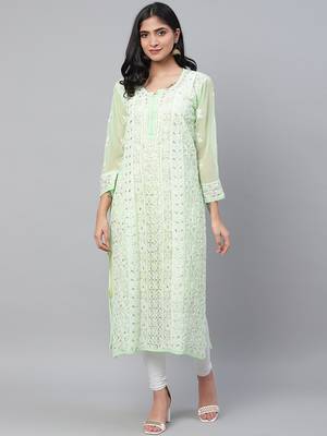 Hand embroidered green georgette lucknowi chikankari straight kurta and slip with gota patti work 1