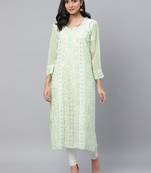 Hand embroidered green georgette lucknowi chikankari straight kurta and slip with gota patti work