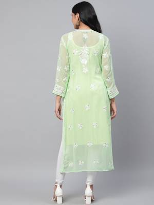 Hand embroidered green georgette lucknowi chikankari straight kurta and slip with gota patti work 2