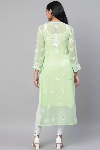 Hand embroidered green georgette lucknowi chikankari straight kurta and slip with gota patti work
