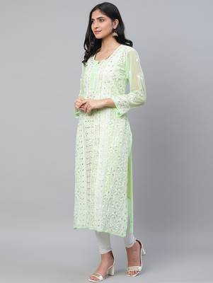 Hand embroidered green georgette lucknowi chikankari straight kurta and slip with gota patti work 3
