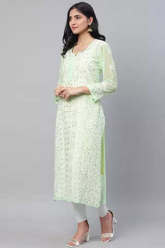 Hand embroidered green georgette lucknowi chikankari straight kurta and slip with gota patti work