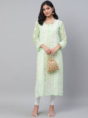 Hand embroidered green georgette lucknowi chikankari straight kurta and slip with gota patti work 4
