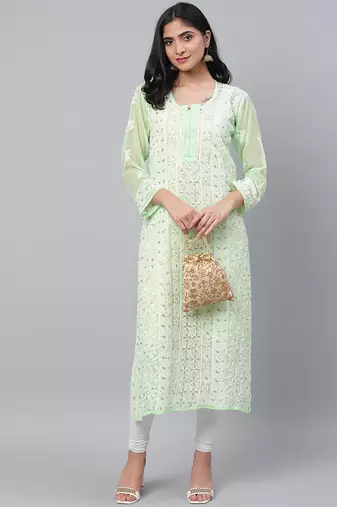 Hand embroidered green georgette lucknowi chikankari straight kurta and slip with gota patti work