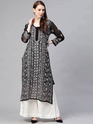 Hand embroidered black georgette lucknowi chikan straight kurta and slip with gota patti work 1