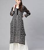 Hand embroidered black georgette lucknowi chikan straight kurta and slip with gota patti work