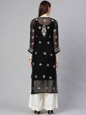 Hand embroidered black georgette lucknowi chikan straight kurta and slip with gota patti work 2