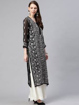 Hand embroidered black georgette lucknowi chikan straight kurta and slip with gota patti work 3