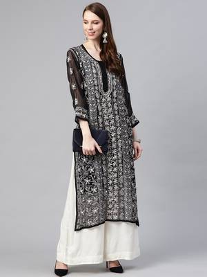 Hand embroidered black georgette lucknowi chikan straight kurta and slip with gota patti work 4