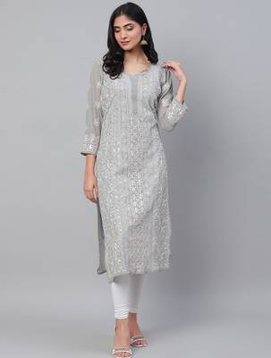 Hand embroidered grey georgette lucknow chikankari straight kurta and slip with gota patti work 1