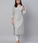 Hand embroidered grey georgette lucknow chikankari straight kurta and slip with gota patti work