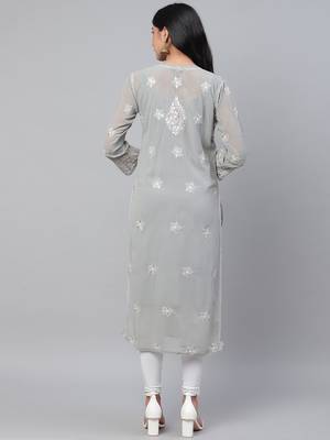 Hand embroidered grey georgette lucknow chikankari straight kurta and slip with gota patti work 2