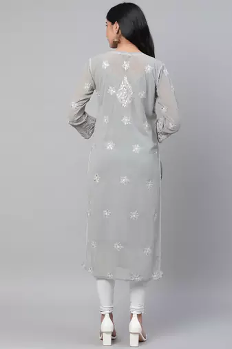 Hand embroidered grey georgette lucknow chikankari straight kurta and slip with gota patti work