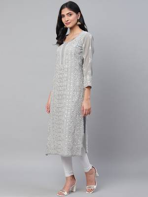 Hand embroidered grey georgette lucknow chikankari straight kurta and slip with gota patti work 3