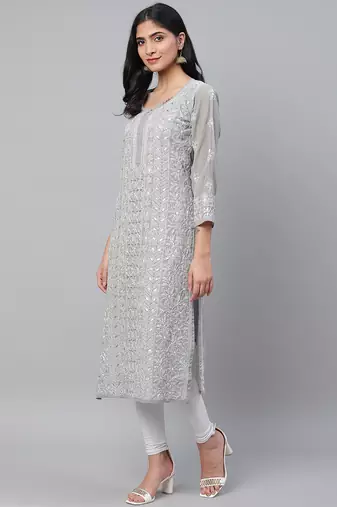 Hand embroidered grey georgette lucknow chikankari straight kurta and slip with gota patti work
