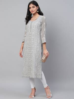 Hand embroidered grey georgette lucknow chikankari straight kurta and slip with gota patti work 4