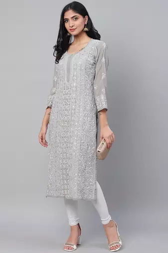 Hand embroidered grey georgette lucknow chikankari straight kurta and slip with gota patti work