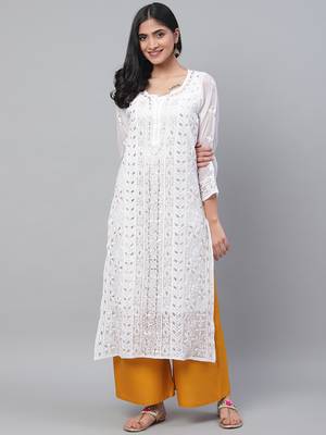Hand embroidered white georgette lucknowi chikankari straight kurta and slip with gota patti work 1