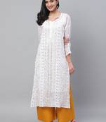 Hand embroidered white georgette lucknowi chikankari straight kurta and slip with gota patti work