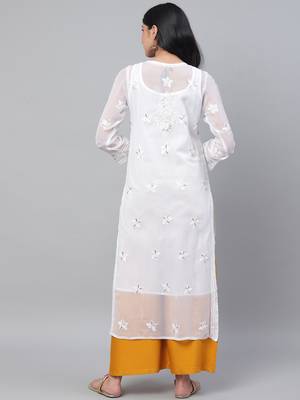 Hand embroidered white georgette lucknowi chikankari straight kurta and slip with gota patti work 2
