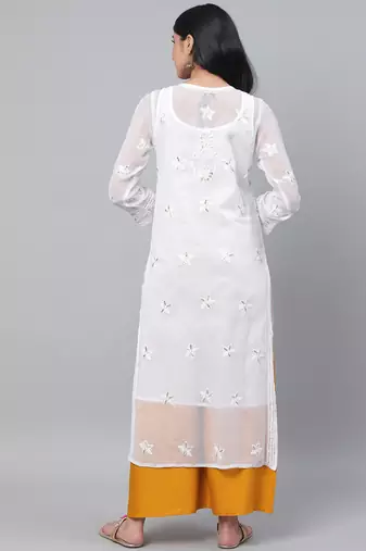 Hand embroidered white georgette lucknowi chikankari straight kurta and slip with gota patti work