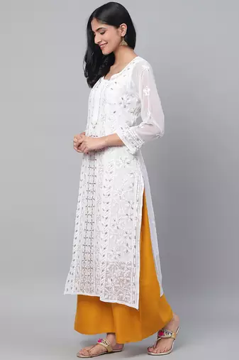 Hand embroidered white georgette lucknowi chikankari straight kurta and slip with gota patti work