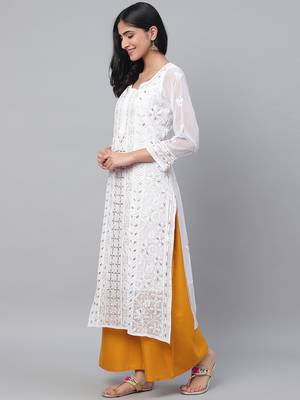 Hand embroidered white georgette lucknowi chikankari straight kurta and slip with gota patti work 5