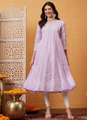 Hand embroidered lavender cotton lucknowi chikankari anarkali a-line kurta 1