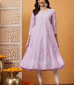 Hand embroidered lavender cotton lucknowi chikankari anarkali a-line kurta