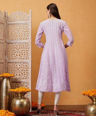 Hand embroidered lavender cotton lucknowi chikankari anarkali a-line kurta 2