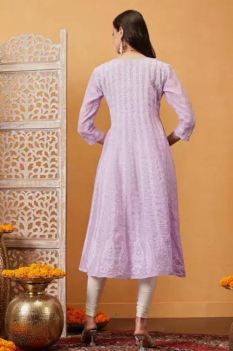Hand embroidered lavender cotton lucknowi chikankari anarkali a-line kurta