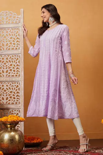 Hand embroidered lavender cotton lucknowi chikankari anarkali a-line kurta