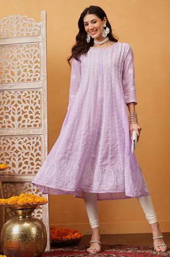 Hand embroidered lavender cotton lucknowi chikankari anarkali a-line kurta