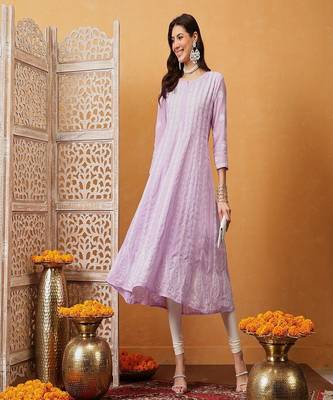 Hand embroidered lavender cotton lucknowi chikankari anarkali a-line kurta 5