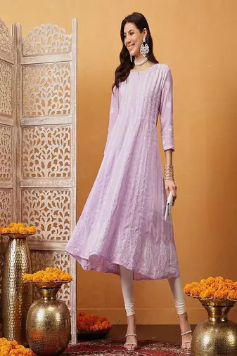 Hand embroidered lavender cotton lucknowi chikankari anarkali a-line kurta