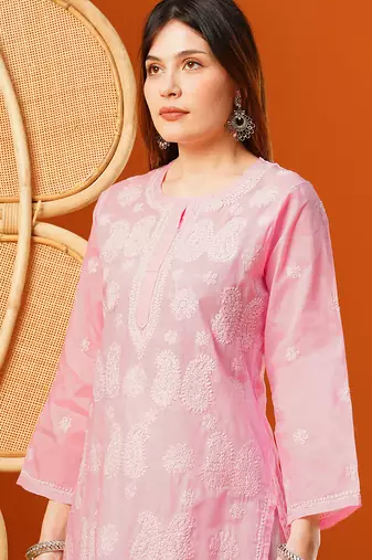 Hand embroidered pink cotton lucknowi chikankari straight kurta