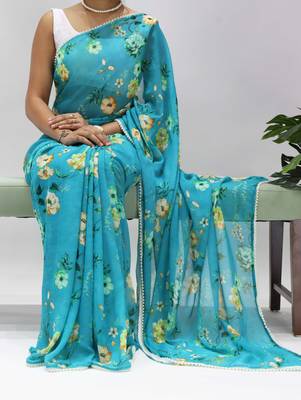 Turquoise floral printed weightless saree with unstitched blouse 1