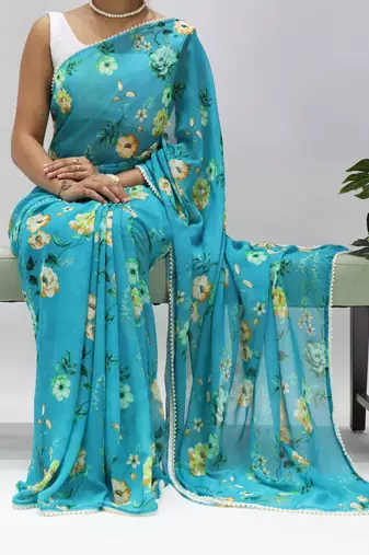 Turquoise floral printed weightless saree with unstitched blouse