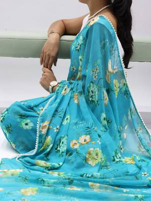Turquoise floral printed weightless saree with unstitched blouse 2