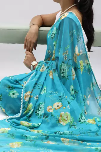 Turquoise floral printed weightless saree with unstitched blouse